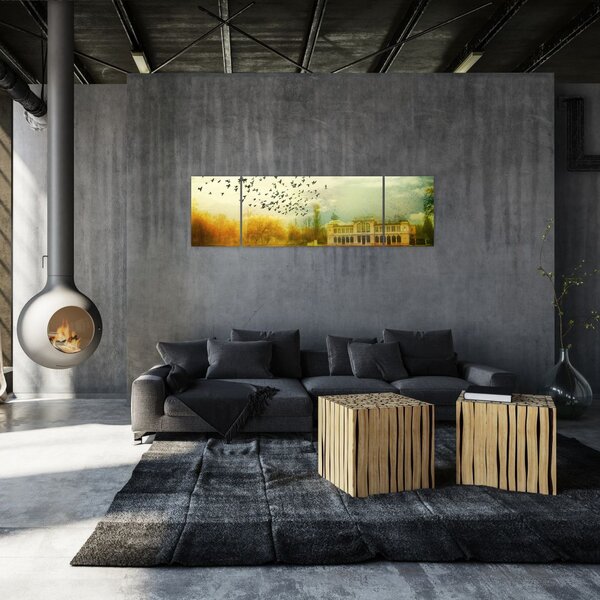Obraz malované krajiny se sídlem (170x50 cm)