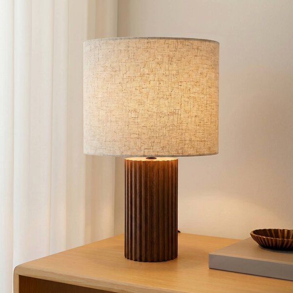 Lindby Stolní lampa Kimiko, výška 38 cm, ořechové dřevo, textil, Tmavé dřevo, Obývací pokoj / jídelna, Dřevo, Skandinávský