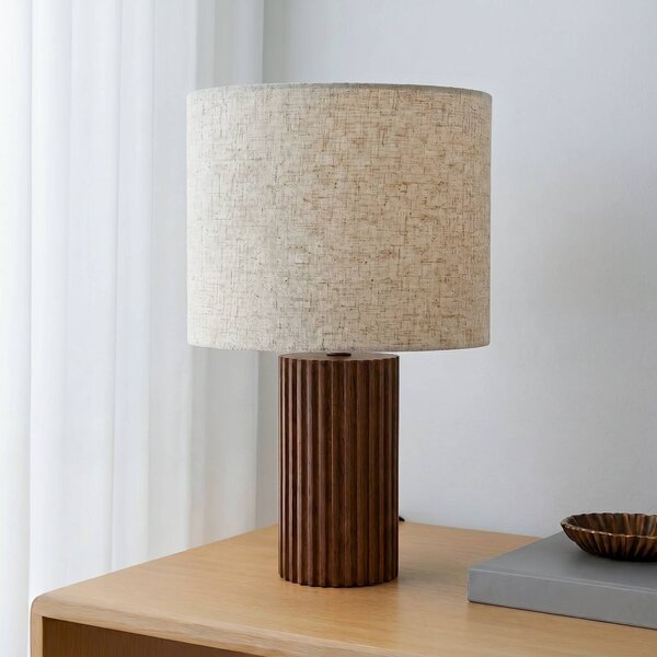 Lindby Stolní lampa Kimiko, výška 38 cm, ořechové dřevo, textil, Tmavé dřevo, Obývací pokoj / jídelna, Dřevo, Skandinávský