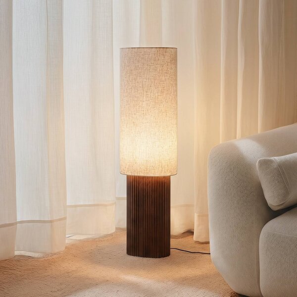 Lindby Stojací lampa Kimiko, výška 100 cm, ořechové dřevo, textil, Tmavé dřevo, Obývací pokoj / jídelna, Dřevo, Skandinávský