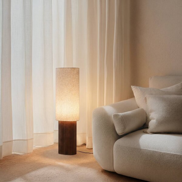Lindby Stojací lampa Kimiko, výška 100 cm, ořechové dřevo, textil, Tmavé dřevo, Obývací pokoj / jídelna, Dřevo, Skandinávský