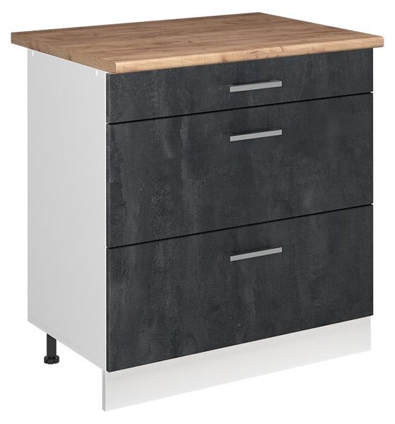 Spodní skříňka kuchyňské linky Vicco R-Line Černý beton/Bílá 80 cm se 3 zásuvkami pracovná doska Dub Goldkraft, Model 72357