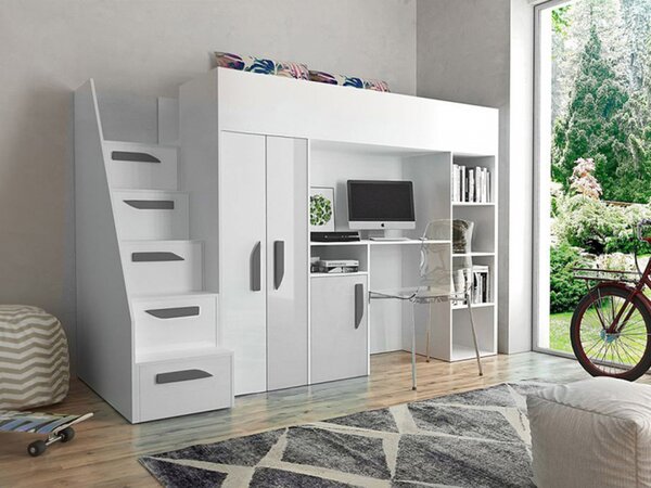 Patrová postel se schody Pen 14, Barva: Bílá + Černý lesk + Bílý lesk 5902928921403