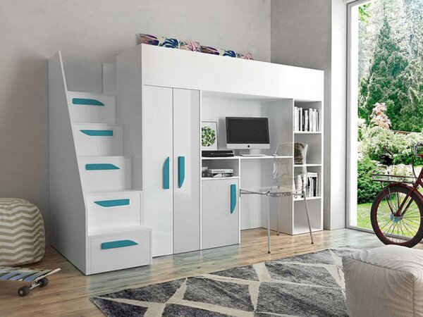 Patrová postel se schody Pen 14, Barva: Bílá + Černý lesk + Bílý lesk 5902928921403