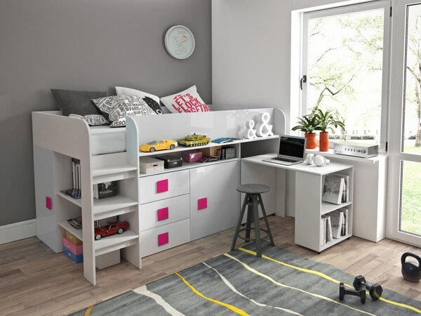 Patrová postel s psacím stolem Tomson 1, Matrace: ne, Barva: Bílá + Šedý lesk + Bílý lesk 5902928922899