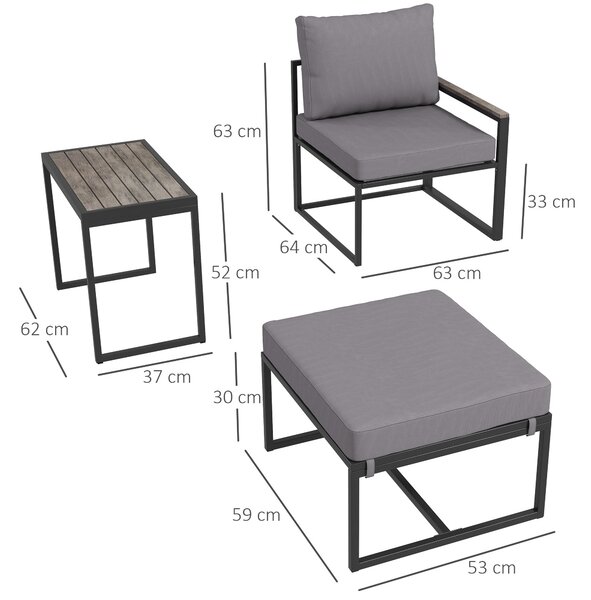 Sada zahradního nábytku Outsunny pro 2 osoby z oceli - weatherproof balkonová sada s 2 křesly, poduškami, konferenčním stolkem a taburetem | Aosom