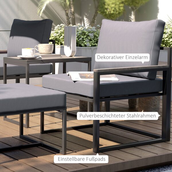 Sada zahradního nábytku Outsunny pro 2 osoby z oceli - weatherproof balkonová sada s 2 křesly, poduškami, konferenčním stolkem a taburetem | Aosom