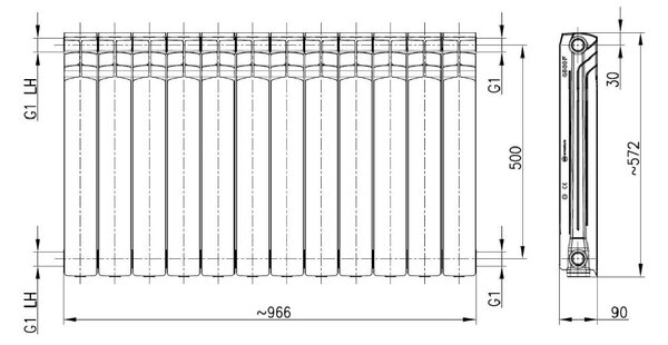 KFA Armatura G500F pokojový radiátor 57.2x96.6 cm podłączenie boční černá 789-120-81