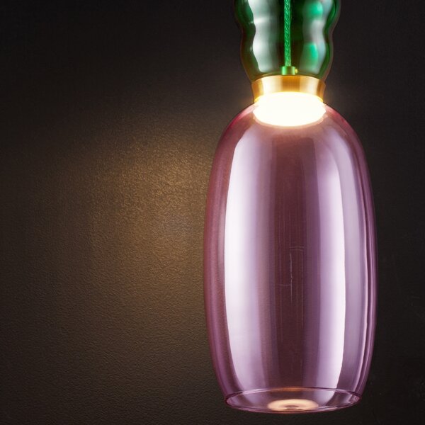 Fialovo-zelené skleněné závěsné LED světlo Nova Luce Pluma 15 cm