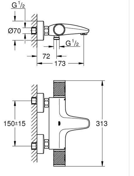 Grohe Precision Feel vanová baterie na stěnu s termostatem Brushed Hard Graphite 34788AL0