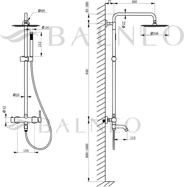 Balneo Cascade sprchová sada na stěnu s dešťovou sprchou měděná H0301050505