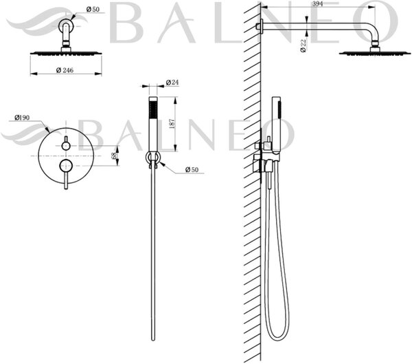 Balneo Cascade sprchová sada pod omítku s dešťovou sprchou měděná H0301050606