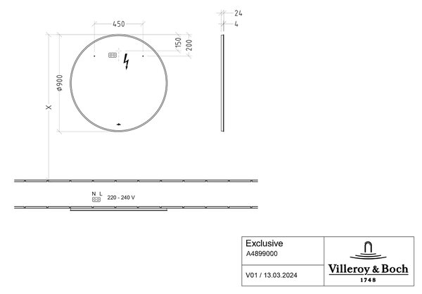 Villeroy & Boch zrcadlo 90x90 cm kulatý s osvětlením černá A4899000