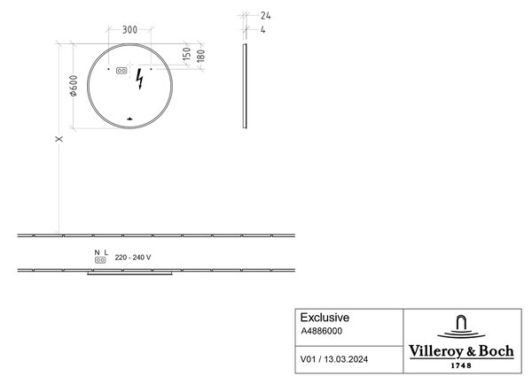 Villeroy & Boch zrcadlo 60x60 cm kulatý s osvětlením černá A4886000