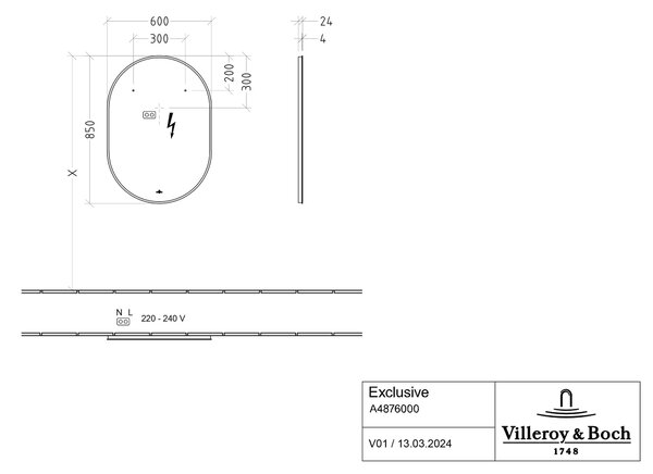 Villeroy & Boch zrcadlo 60x85 cm oválný s osvětlením černá A4876000