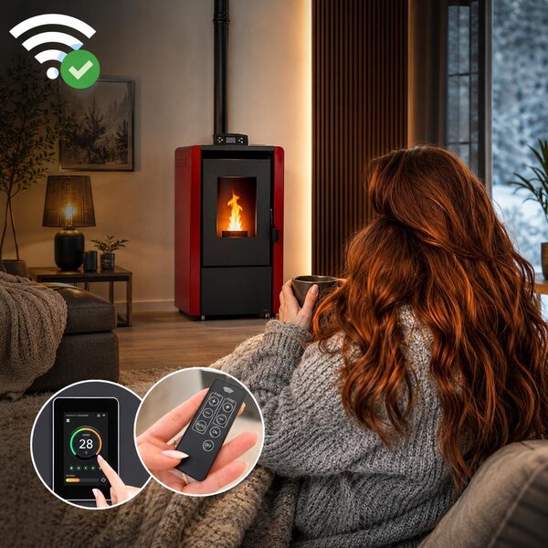 Peletová kamna THUNDER LEYLA-RED 6 kW volně stojící s WiFi termostatem dálkovým ovládáním a sadou kouřovodů červená Kopírovat