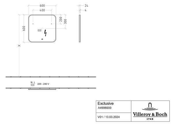 Villeroy & Boch zrcadlo 60x60 cm čtvercový s osvětlením černá A4906000