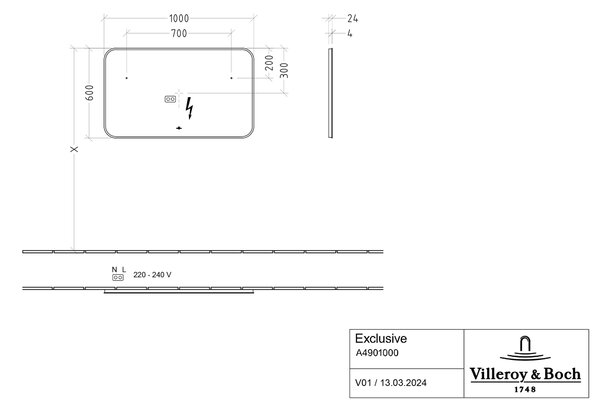 Villeroy & Boch zrcadlo 100x60 cm obdélníkový s osvětlením černá A4901000