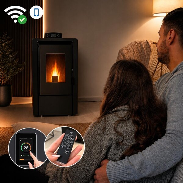 Peletová kamna THUNDER LEYLA-BLACK 6 kW, volně stojící, WiFi, termostat, dálkové ovládání, sada kouřovodů, černá