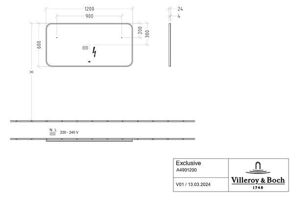 Villeroy & Boch zrcadlo 120x60 cm obdélníkový s osvětlením černá A4901200