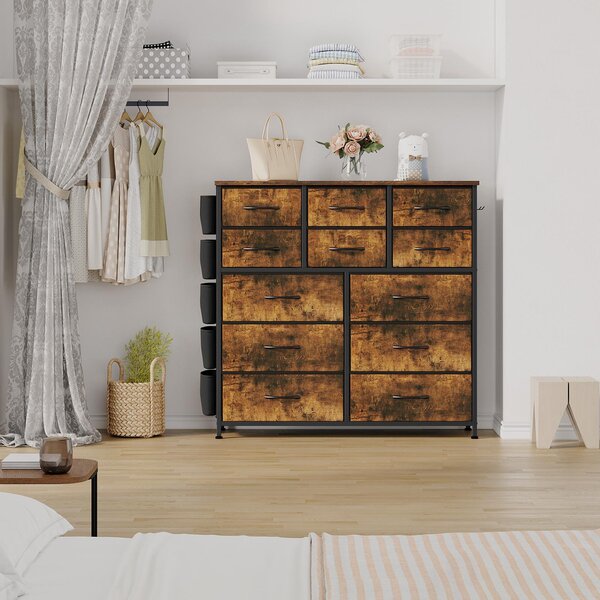 Komoda se 12 zásuvkami, rozměry 99x30x110 cm, textilní skříň, organizér, barva: tygří oko / hnědé dřevo