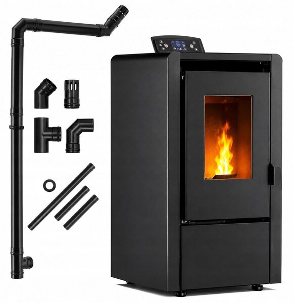 Peletová kamna THUNDER LEYLA-BLACK 6 kW, volně stojící, WiFi, termostat, dálkové ovládání, sada kouřovodů, černá