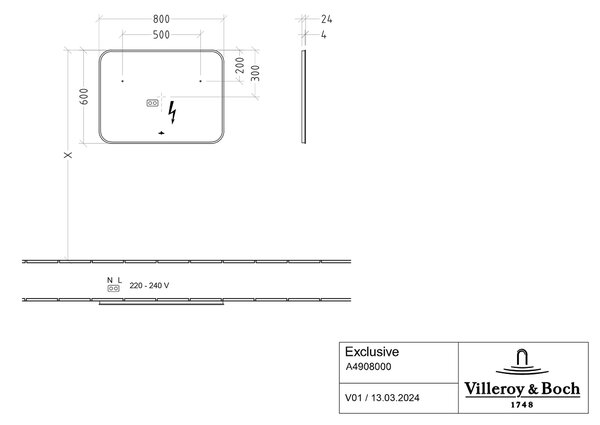Villeroy & Boch zrcadlo 80x60 cm obdélníkový s osvětlením černá A4908000