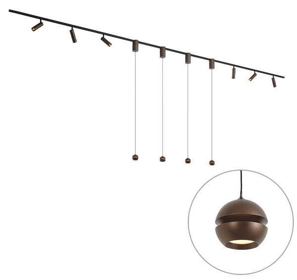 Moderní kolejnicový systém s 6 bodovými světly a 4 závěsnými svítidly Easylift tmavě bronzová 1-fázový - Slimline Uzzy Tira