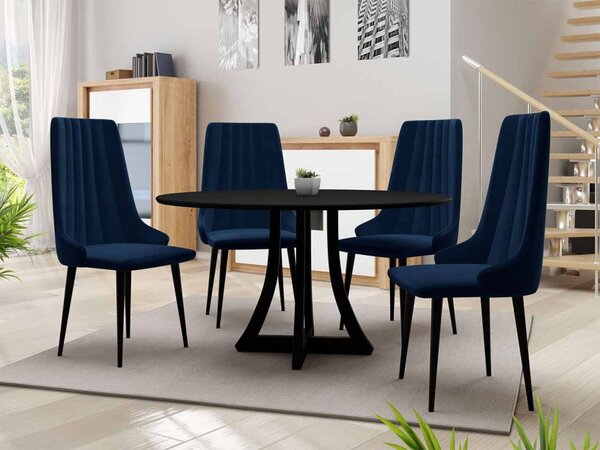 Kulatý jídelní stůl 100 cm se 4 židlemi TULZA 1 - černý / modrý