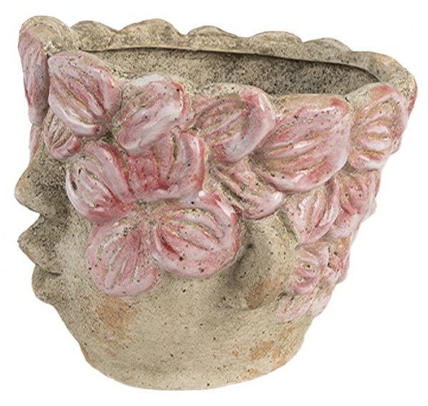 Cementový květináč hlava s květinami s růžovou glazurou Tete – 18x18 cm