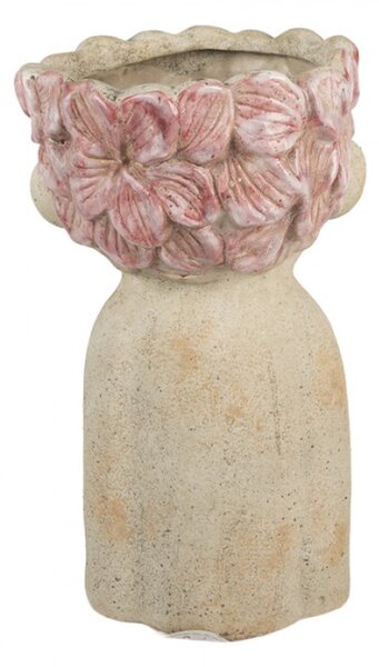 Cementový květináč hlava s květinami s růžovou glazurou Tete L – 20x19x31 cm