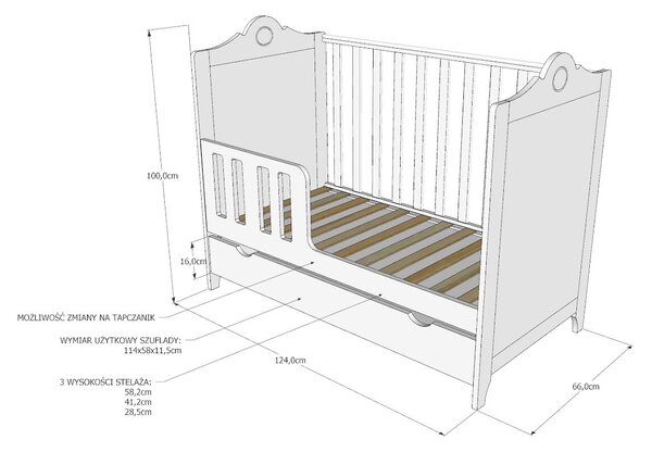 Dětská postýlka Glamour 120 x 60 cm Úložný prostor k postýlce: Jeden šuplík na kolečkách