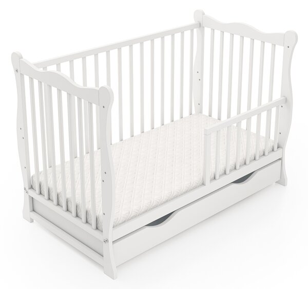 Dětská postýlka Julia 60×120 cm bílá s bočnicí a šuplíkem – elegantní dřevěná postýlka s úložným prostorem Druh matrace: bez matrace