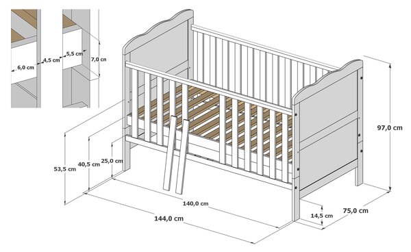 Dětská postýlka Isabel 140 x 70 cm Barevné provedení: Bílá, Úložný prostor k postýlce: Dva menší šuplíky na kolečkách