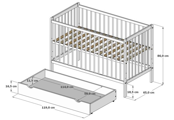 Dětská postýlka Lumi 120 x 60 cm Barevné provedení: Bílá, Úložný prostor k postýlce: Jeden šuplík na kolečkách