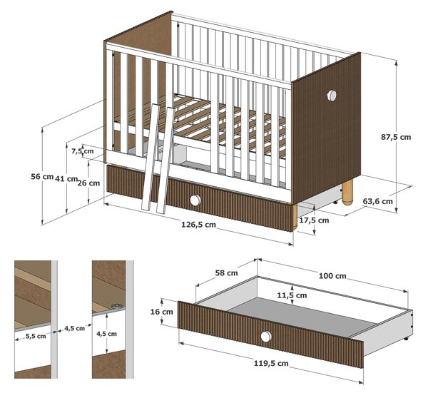 Dětská postýlka Loft 120 x 60 cm Barevné provedení: Kašmír, Úložný prostor k postýlce: Jeden šuplík na kolečkách
