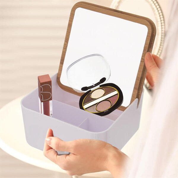 Orion Kosmetický úložný box, bílý s bambusovým víčkem, se zrcadlem, šperkovnice WHITNEY