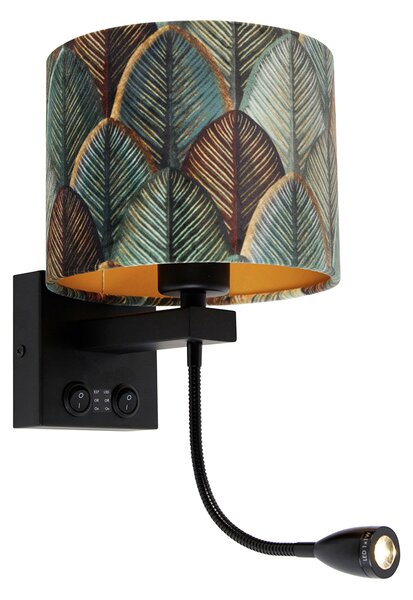 Nástěnná lampa černá s sametovým stínidlem s designem listů a zlatým interiérem - Brescia Combi