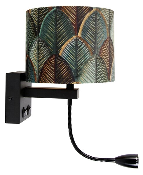 Nástěnná lampa černá s sametovým stínidlem s designem listů a zlatým interiérem - Brescia Combi