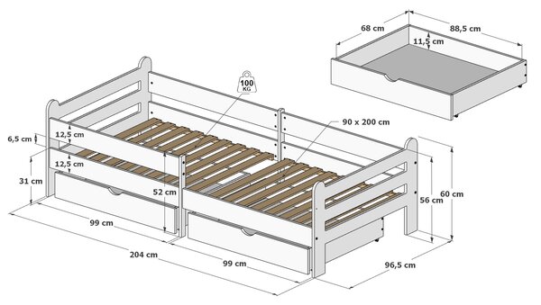 Dětská postel Riko 200 x 90 cm Provedení postele: S přistýlkou (bez matrace)
