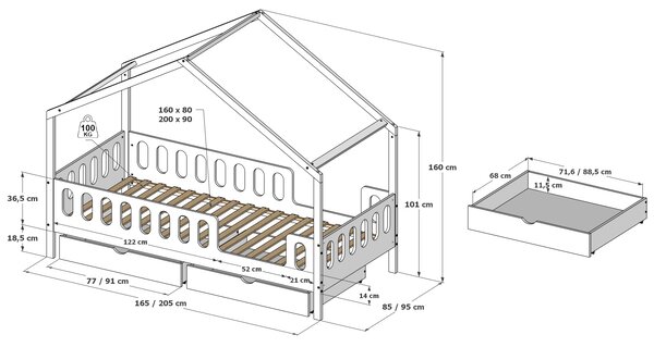 Dětská postel domeček Leo se stříškou 200 x 90 cm Provedení postele: Dva menší šuplíky