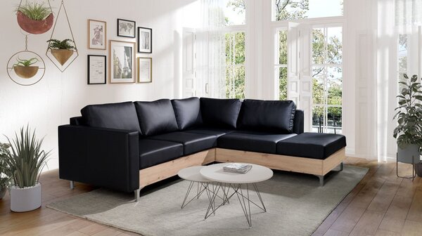 Rohová sedačka Nemezy Wood, Barva: ekokůže Soft 011 (černá), Strana: pravá, Barva nožiček:: dub artisan 5902928960150