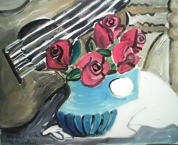Ručně malovaný obraz od Věra Orzághová - "Růže s kytarou", rozměr: 50 x 40 cm