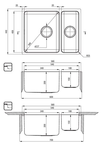 Deante Egeria, nerezový dřez pod desku 1,5-komorový B/O 570x440x200 3,5" + prostorově úsporný sifon, vzor satyna, ZPE_050C