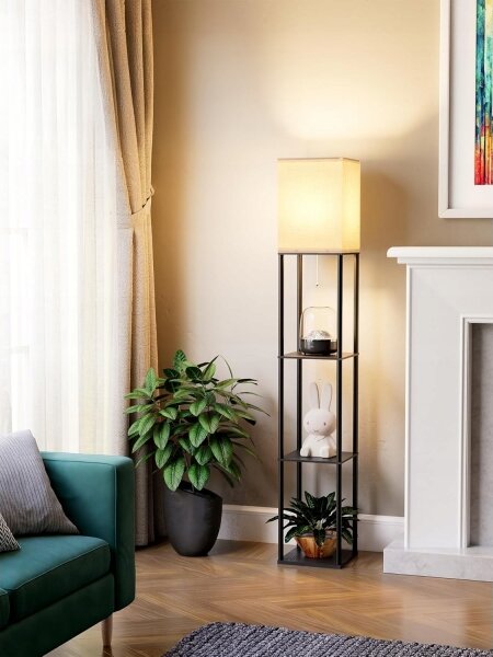 Stojací lampa s poličkami 1xE27/40W/230V černá/bílá