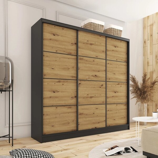 Šatní skříň HARAZIA 180 bez zrcadla, se 4 šuplíky a 2 šatními tyčemi, černý mat/dub artisan