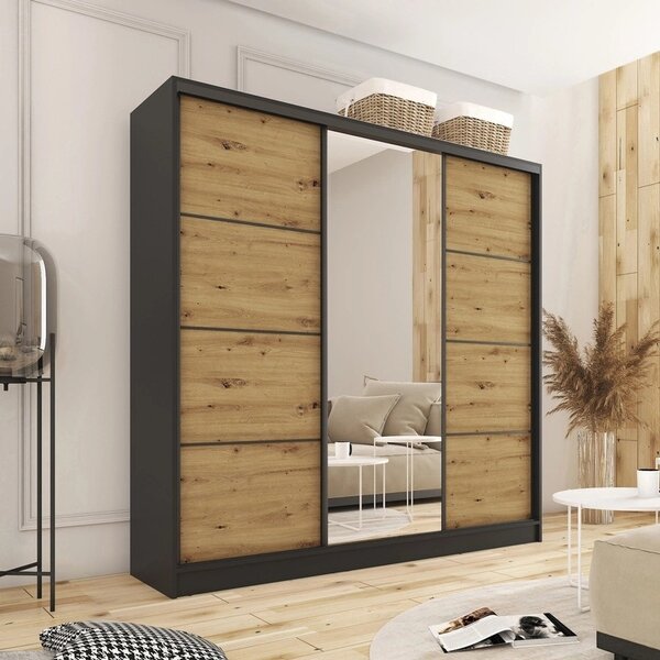 Šatní skříň HARAZIA 180 se zrcadlem, 4 šuplíky a 2 šatními tyčemi, černý mat/dub artisan