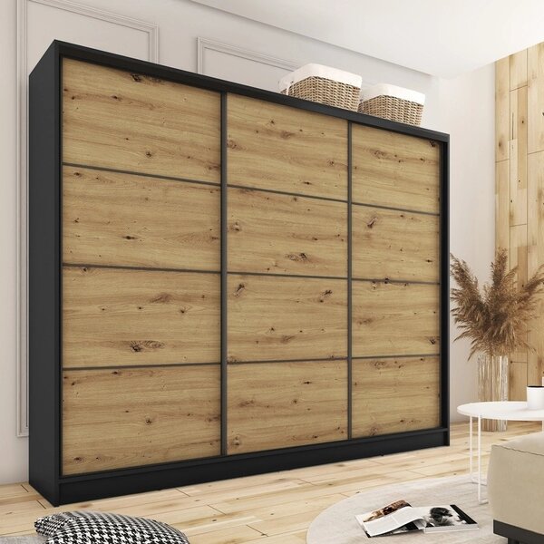 Šatní skříň HARAZIA 280 bez zrcadla, se 4 šuplíky a 2 šatními tyčemi, černý mat/dub artisan