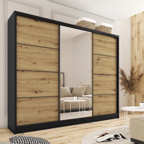 Šatní skříň HARAZIA 250 se zrcadlem, 4 šuplíky a 2 šatními tyčemi, černý mat/dub artisan
