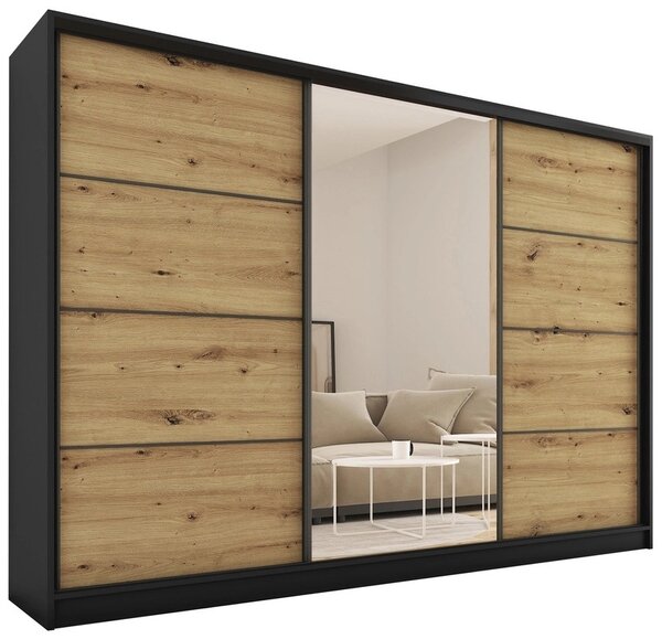 Šatní skříň HARAZIA 250 se zrcadlem, 4 šuplíky a 2 šatními tyčemi, černý mat/dub artisan